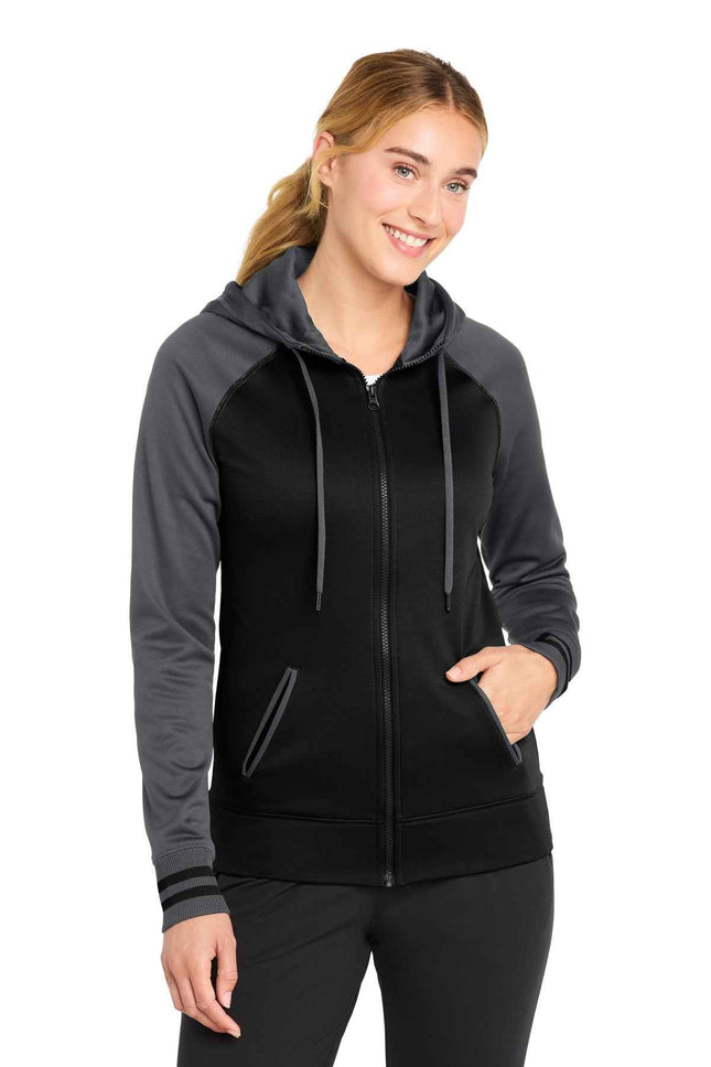 SportTek Women's SportWick Varsity Fleece FullZip Hooded Jacket LST236 Black Dark Smoke Grey