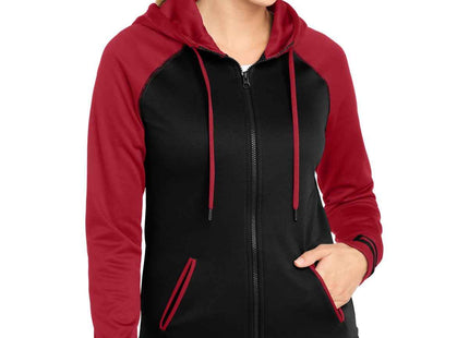 SportTek Women's SportWick Varsity Fleece FullZip Hooded Jacket LST236 Black Deep Red