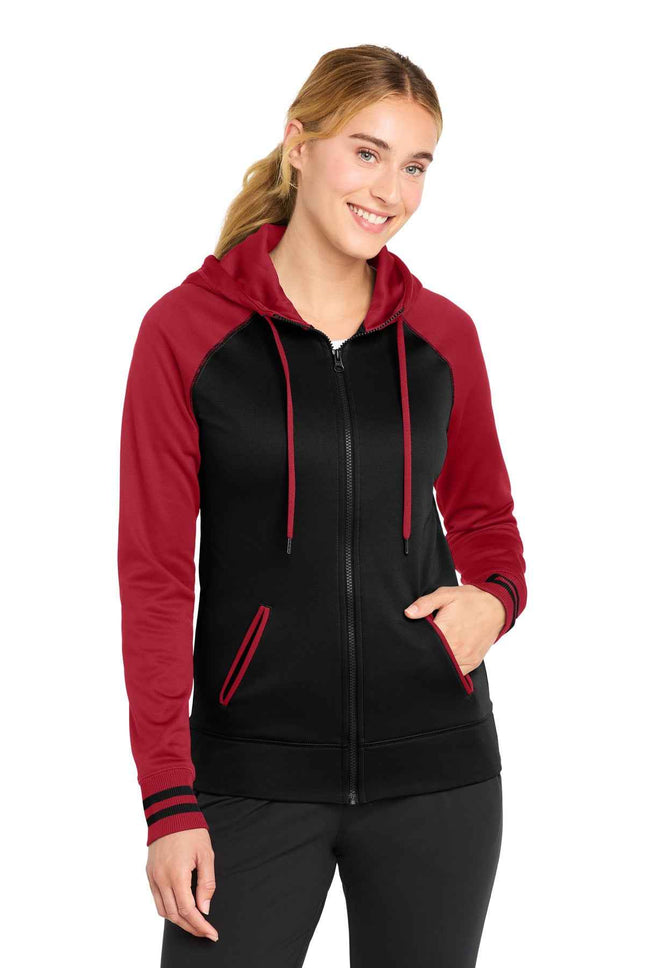 SportTek Women's SportWick Varsity Fleece FullZip Hooded Jacket LST236 Black Deep Red