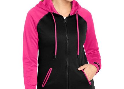 SportTek Women's SportWick Varsity Fleece FullZip Hooded Jacket LST236 Black Neon Pink