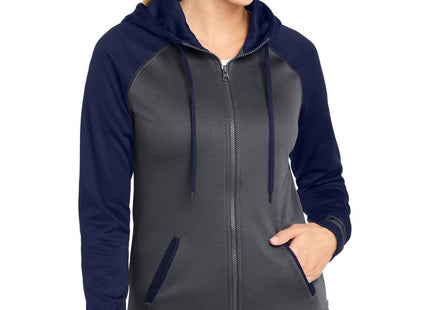 SportTek Women's SportWick Varsity Fleece FullZip Hooded Jacket LST236 Dark Smoke Grey Navy