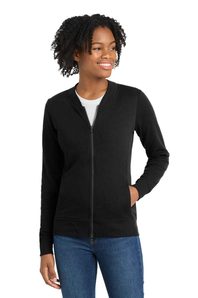 SportTek Women's Lightweight French Terry Bomber LST274 Black