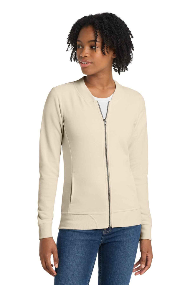 SportTek Women's Lightweight French Terry Bomber LST274 Ecru