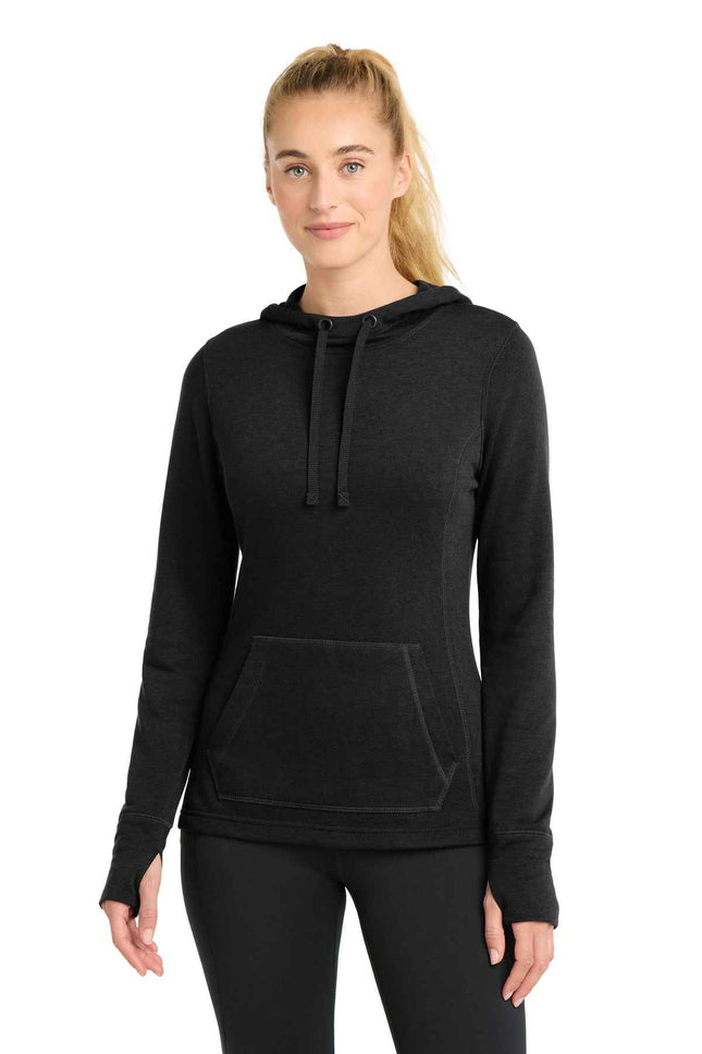 SportTek Women's PosiCharge TriBlend Wicking Fleece Hooded Pullover LST296 Black Triad Solid