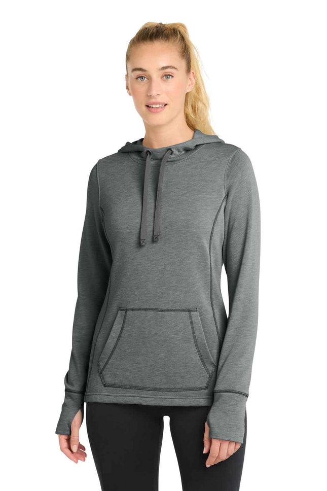SportTek Women's PosiCharge TriBlend Wicking Fleece Hooded Pullover LST296 Dark Grey Heather