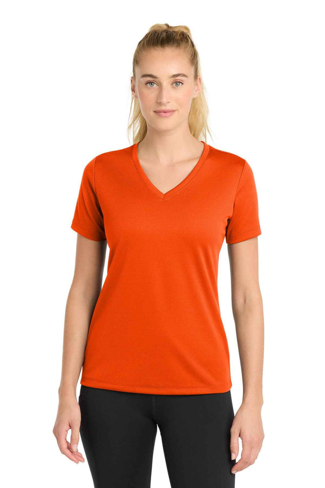 SportTek Women's PosiCharge RacerMesh VNeck Tee LST340 Neon Orange