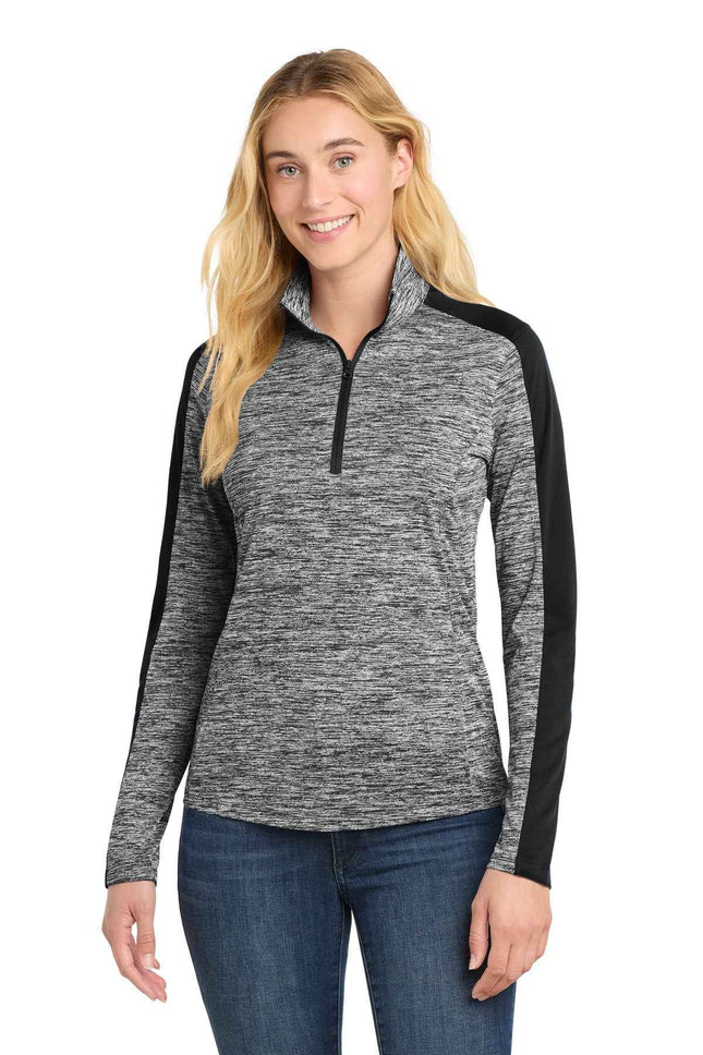 SportTek Women's PosiCharge Electric Heather Colorblock 1/4Zip Pullover LST397 Black Electric Black