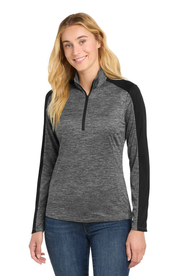 SportTek Women's PosiCharge Electric Heather Colorblock 1/4Zip Pullover LST397 Grey-Black Electric Black