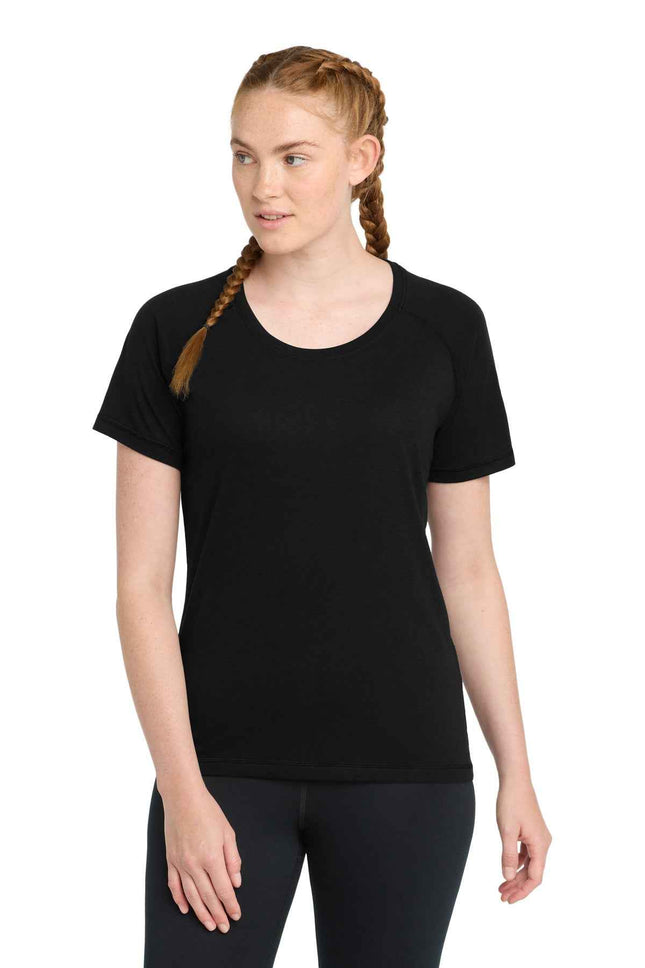 SportTek Women's PosiCharge TriBlend Wicking Scoop Neck Raglan Tee LST400 Black Triad Solid