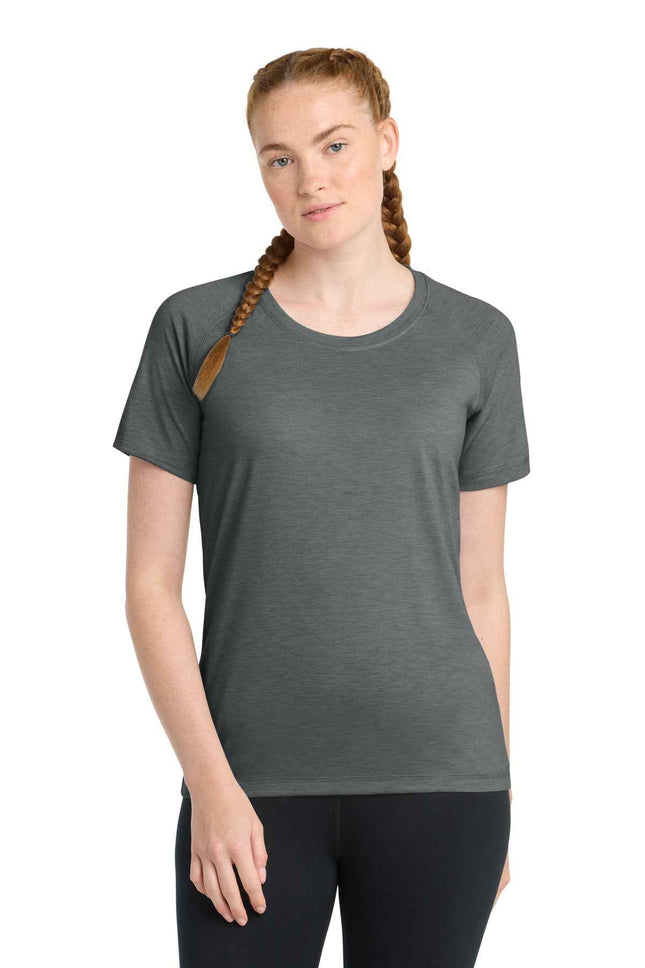 SportTek Women's PosiCharge TriBlend Wicking Scoop Neck Raglan Tee LST400 Dark Grey Heather
