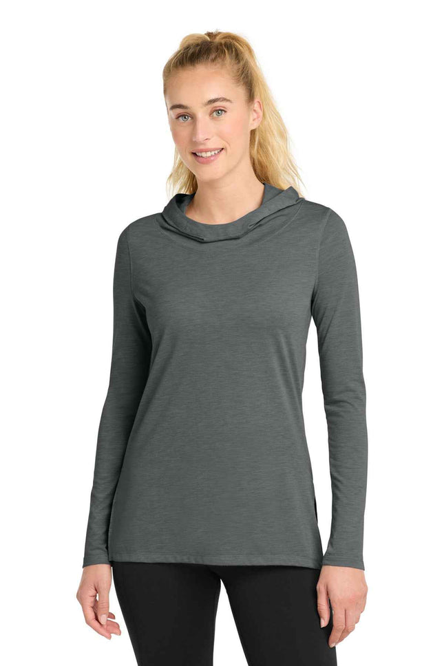 SportTek Women's PosiCharge TriBlend Wicking Long Sleeve Hoodie LST406 Dark Grey Heather