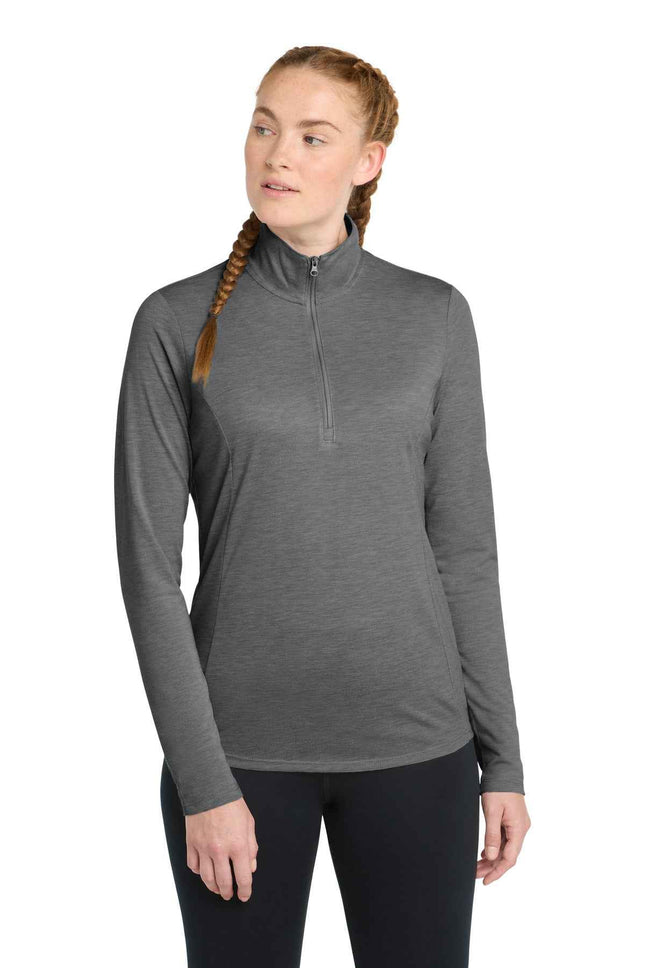 SportTek Women's PosiCharge TriBlend Wicking 1/4Zip Pullover LST407 Dark Grey Heather