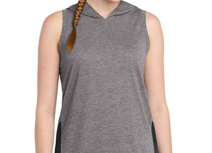 SportTek Women's PosiCharge TriBlend Wicking Draft Hoodie Tank LST410 Black Dark Grey Heather