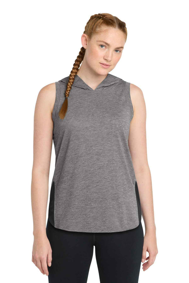 SportTek Women's PosiCharge TriBlend Wicking Draft Hoodie Tank LST410 Black Dark Grey Heather