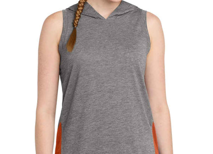 SportTek Women's PosiCharge TriBlend Wicking Draft Hoodie Tank LST410 Deep Orange Dark Grey Heather