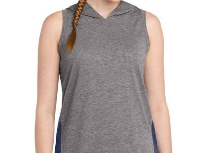 SportTek Women's PosiCharge TriBlend Wicking Draft Hoodie Tank LST410 True Navy Dark Grey Heather