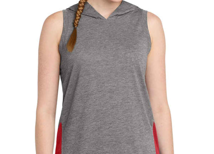 SportTek Women's PosiCharge TriBlend Wicking Draft Hoodie Tank LST410 True Red Dark Grey Heather