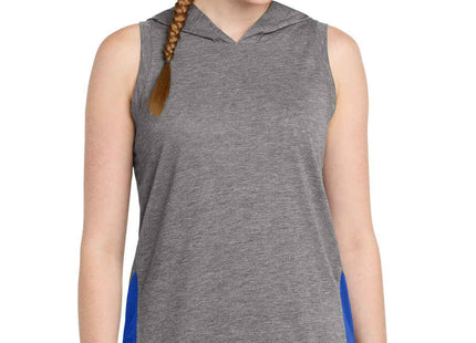 SportTek Women's PosiCharge TriBlend Wicking Draft Hoodie Tank LST410 True Royal Dark Grey Heather