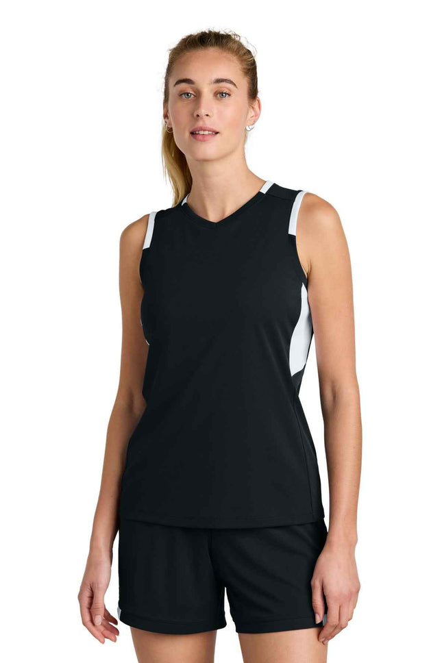 SportTek Women's Club Sleeveless VNeck LST441 Black White