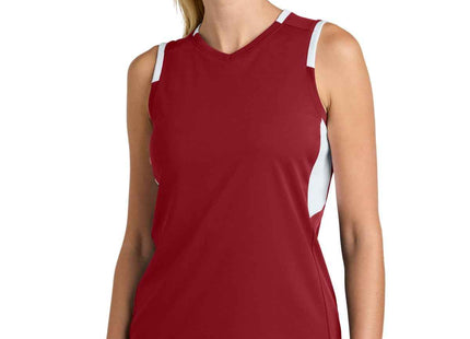 SportTek Women's Club Sleeveless VNeck LST441 Deep Red White