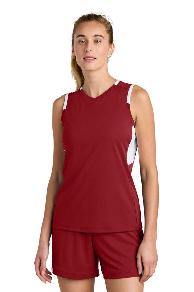 SportTek Women's Club Sleeveless VNeck LST441 Deep Red White