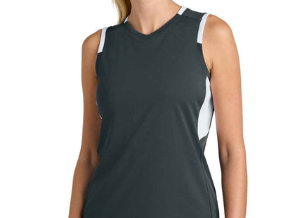 SportTek Women's Club Sleeveless VNeck LST441 Iron Grey White