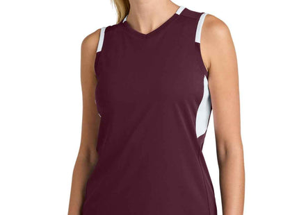 SportTek Women's Club Sleeveless VNeck LST441 Maroon White