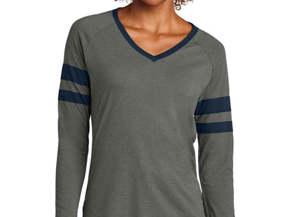SportTek Women's Halftime Stripe Long Sleeve VNeck Tee LST6043 True Navy Vintage Heather