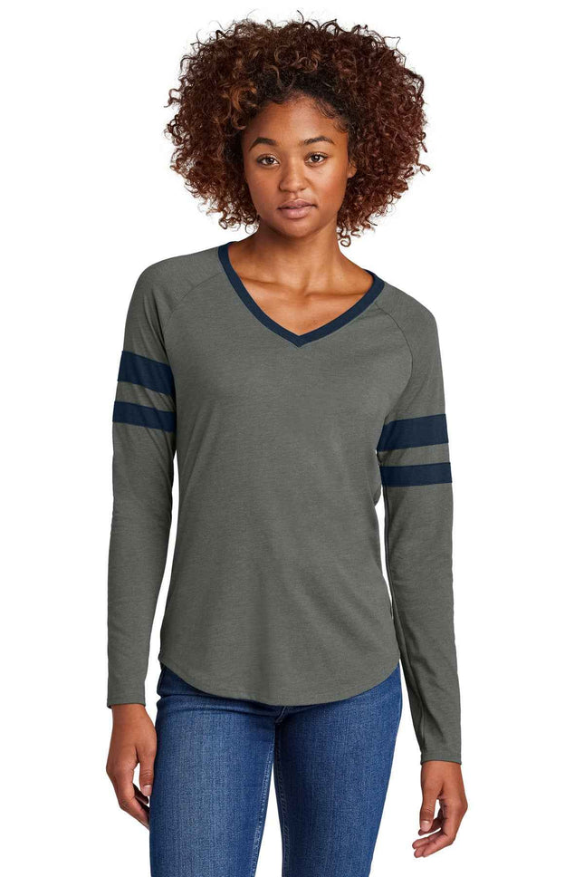 SportTek Women's Halftime Stripe Long Sleeve VNeck Tee LST6043 True Navy Vintage Heather