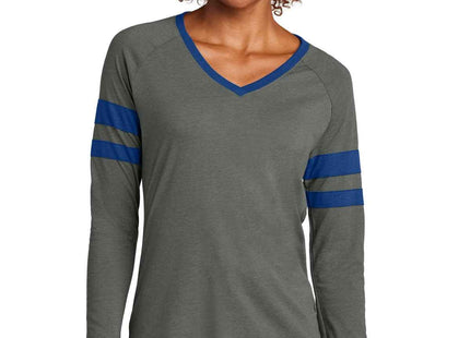 SportTek Women's Halftime Stripe Long Sleeve VNeck Tee LST6043 True Royal Vintage Heather
