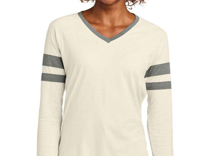 SportTek Women's Halftime Stripe Long Sleeve VNeck Tee LST6043 Vintage Heather Ecru