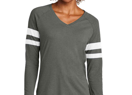 SportTek Women's Halftime Stripe Long Sleeve VNeck Tee LST6043 White Vintage Heather