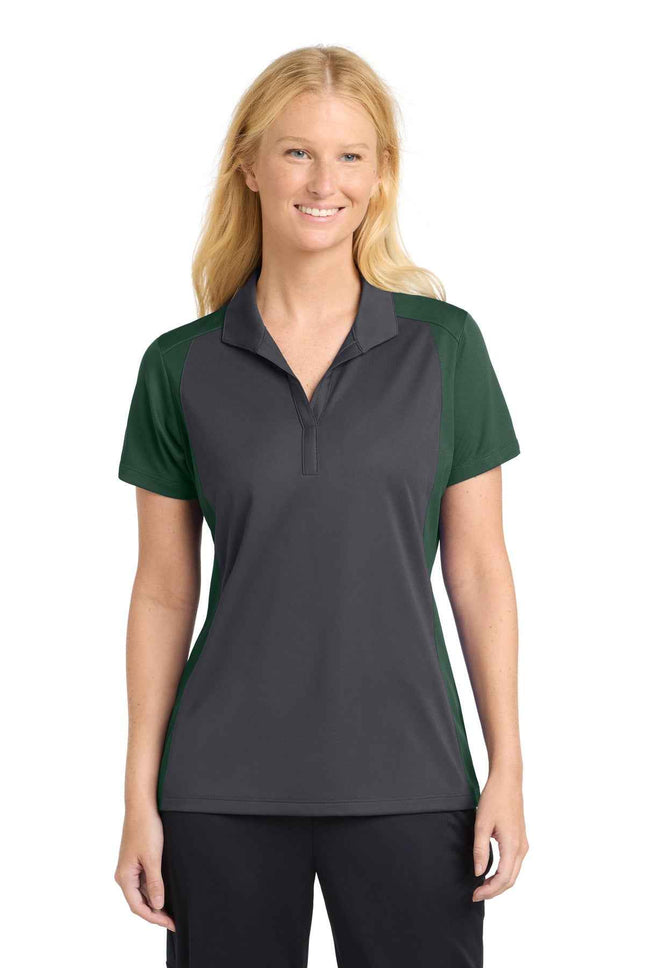 SportTek Women's Colorblock Micropique SportWick Polo LST652 Iron Grey Forest Green
