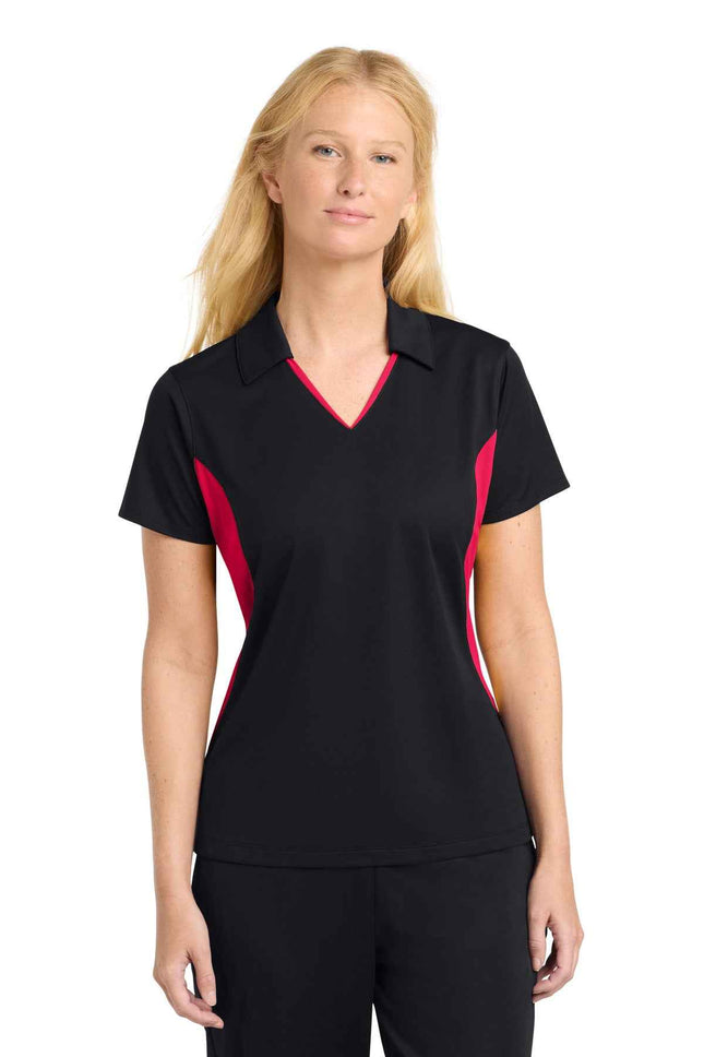 SportTek Women's Side Blocked Micropique SportWick Polo LST655 Black Deep Red