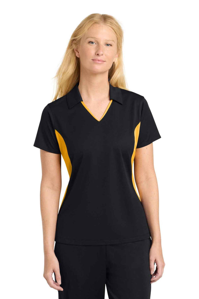 SportTek Women's Side Blocked Micropique SportWick Polo LST655 Black Gold