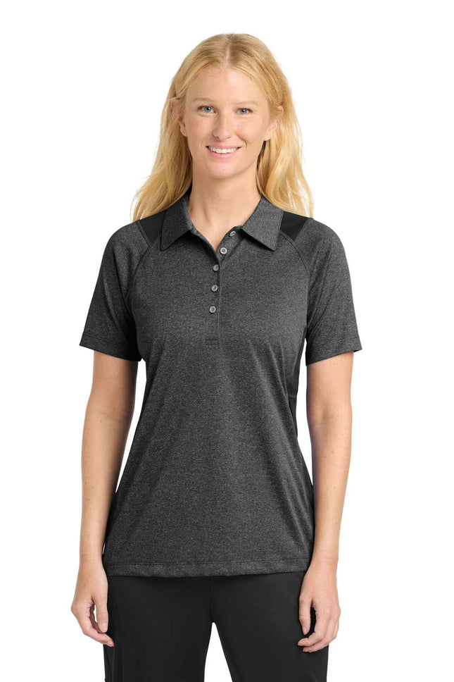 SportTek Women's Heather Colorblock Contender Polo LST665 Graphite Heather Black