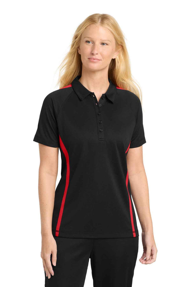 SportTek Women's PosiCharge MicroMesh Colorblock Polo LST685 Black Red