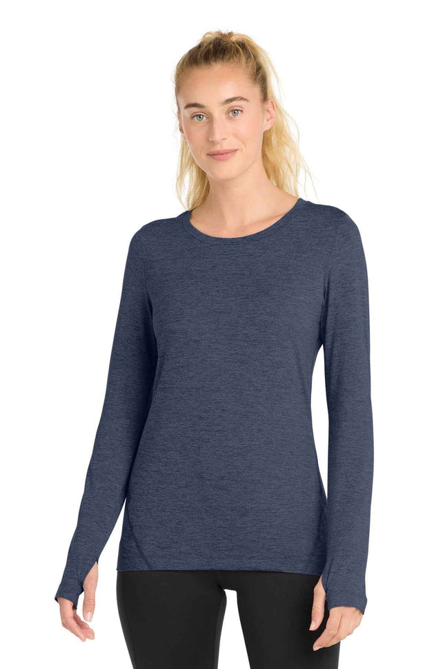 SportTek Women's Exchange 15 Long Sleeve Crew LST710 Dark Denim Heather