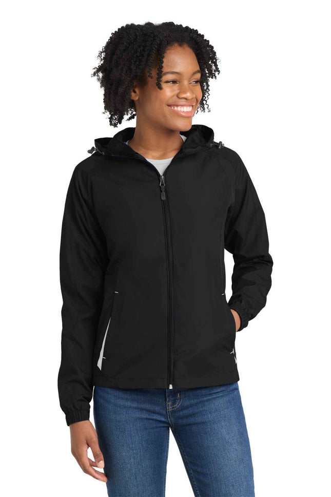 SportTek Women's Colorblock Hooded Raglan Jacket LST76 Black White