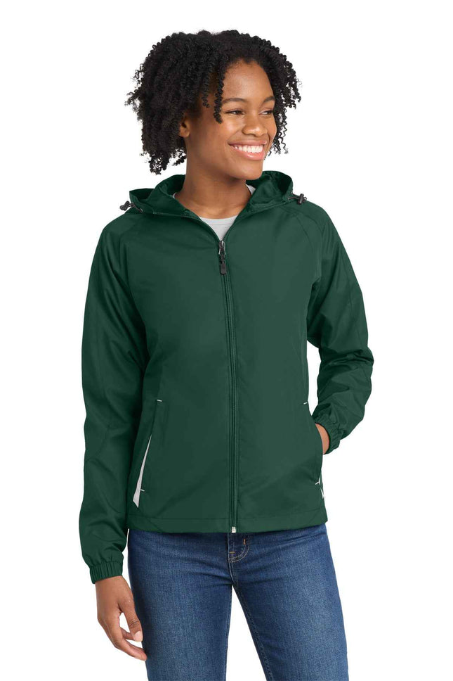 SportTek Women's Colorblock Hooded Raglan Jacket LST76 Forest Green White