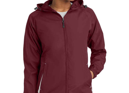 SportTek Women's Colorblock Hooded Raglan Jacket LST76 Maroon White