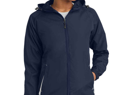 SportTek Women's Colorblock Hooded Raglan Jacket LST76 True Navy White