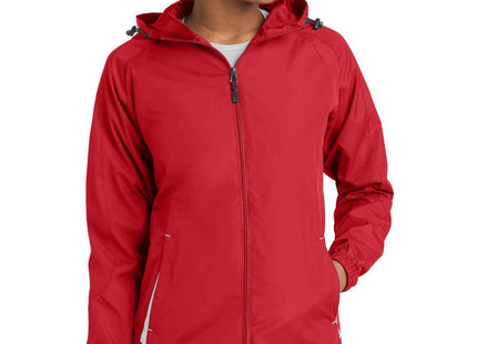 SportTek Women's Colorblock Hooded Raglan Jacket LST76 True Red White