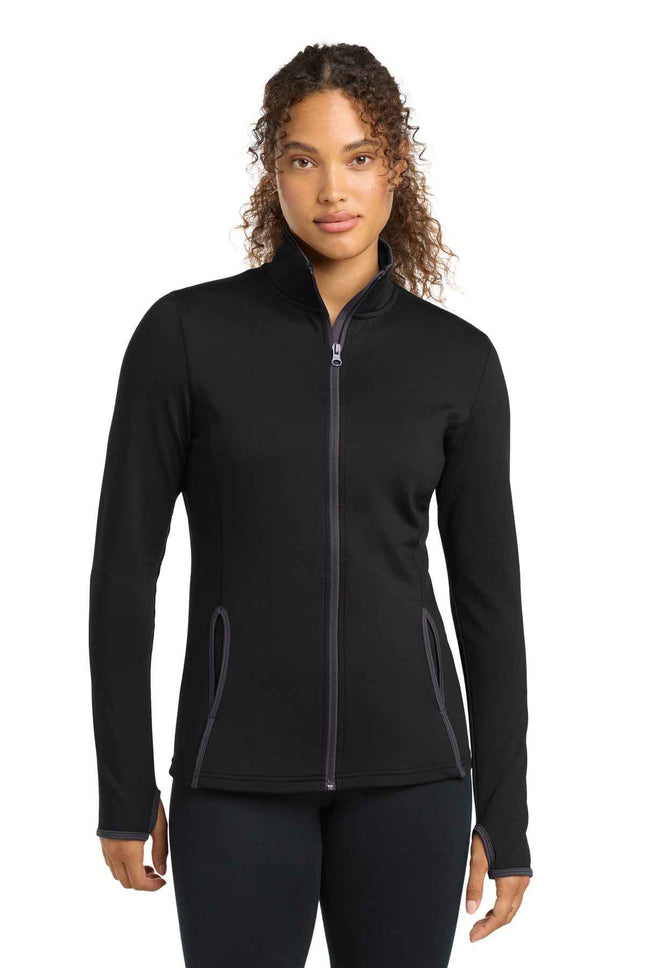 SportTek Women's SportWick Stretch Contrast FullZip Jacket LST853 Black Charcoal Grey