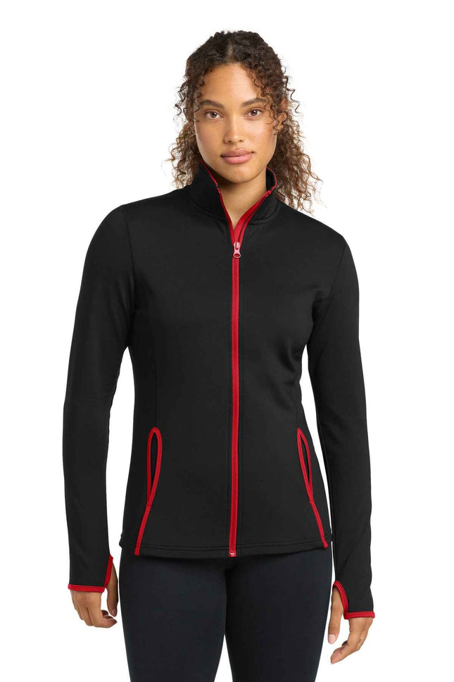 SportTek Women's SportWick Stretch Contrast FullZip Jacket LST853 Black True Red