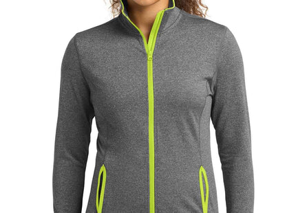 SportTek Women's SportWick Stretch Contrast FullZip Jacket LST853 Charcoal Grey Heather Charge Green