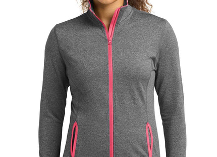 SportTek Women's SportWick Stretch Contrast FullZip Jacket LST853 Charcoal Grey Heather Hot Coral