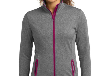 SportTek Women's SportWick Stretch Contrast FullZip Jacket LST853 Charcoal Grey Heather Pink Rush