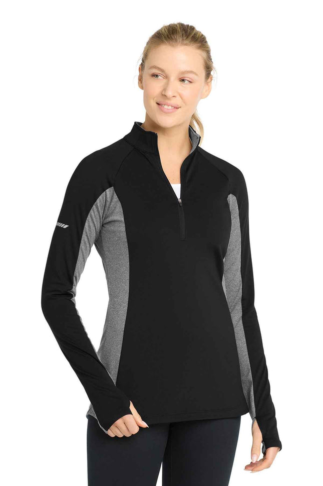 SportTek Women's SportWick Stretch Contrast 1/4Zip Pullover LST854 Black Charcoal Grey Heather