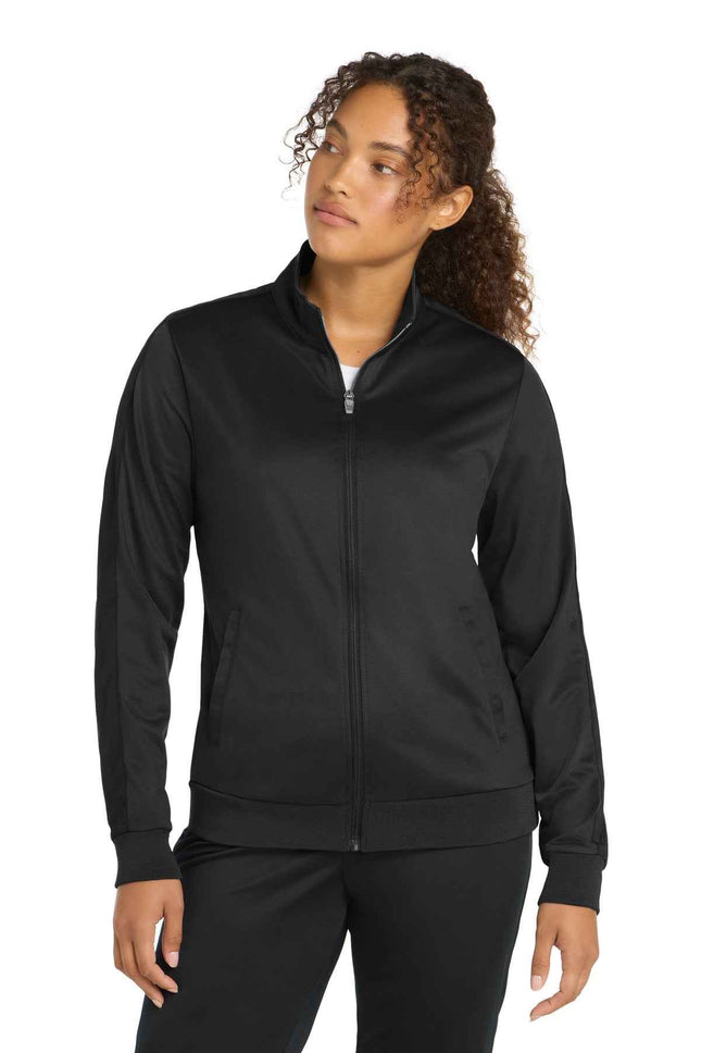 SportTek Ladies Tricot Sleeve Stripe Track Jacket LST94 Black Black